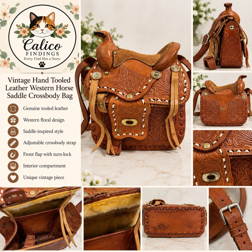 Vintage Tooled Leather Horse Saddle Purse Western Cowboy Crossbody Bag Floral
